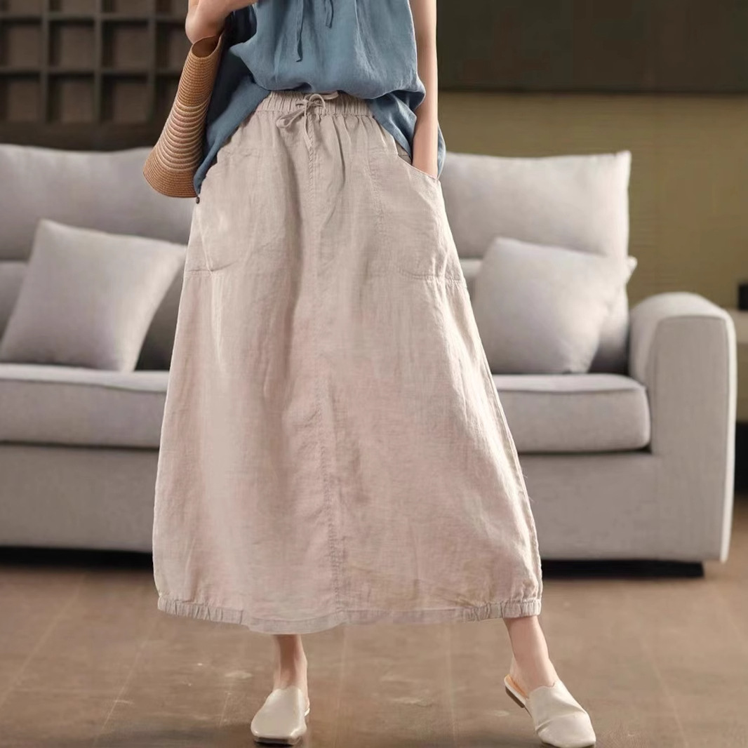 2025 Summer Retro Sand Washed Linen Skirt with Elastic Waist Slimming A-Line Skirt Mid-Length Linen Skirt for Women