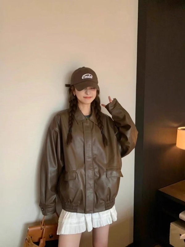 2025新款春秋皮衣外套女短款宽松显瘦美式复古机车黑色夹克小个子|undefined