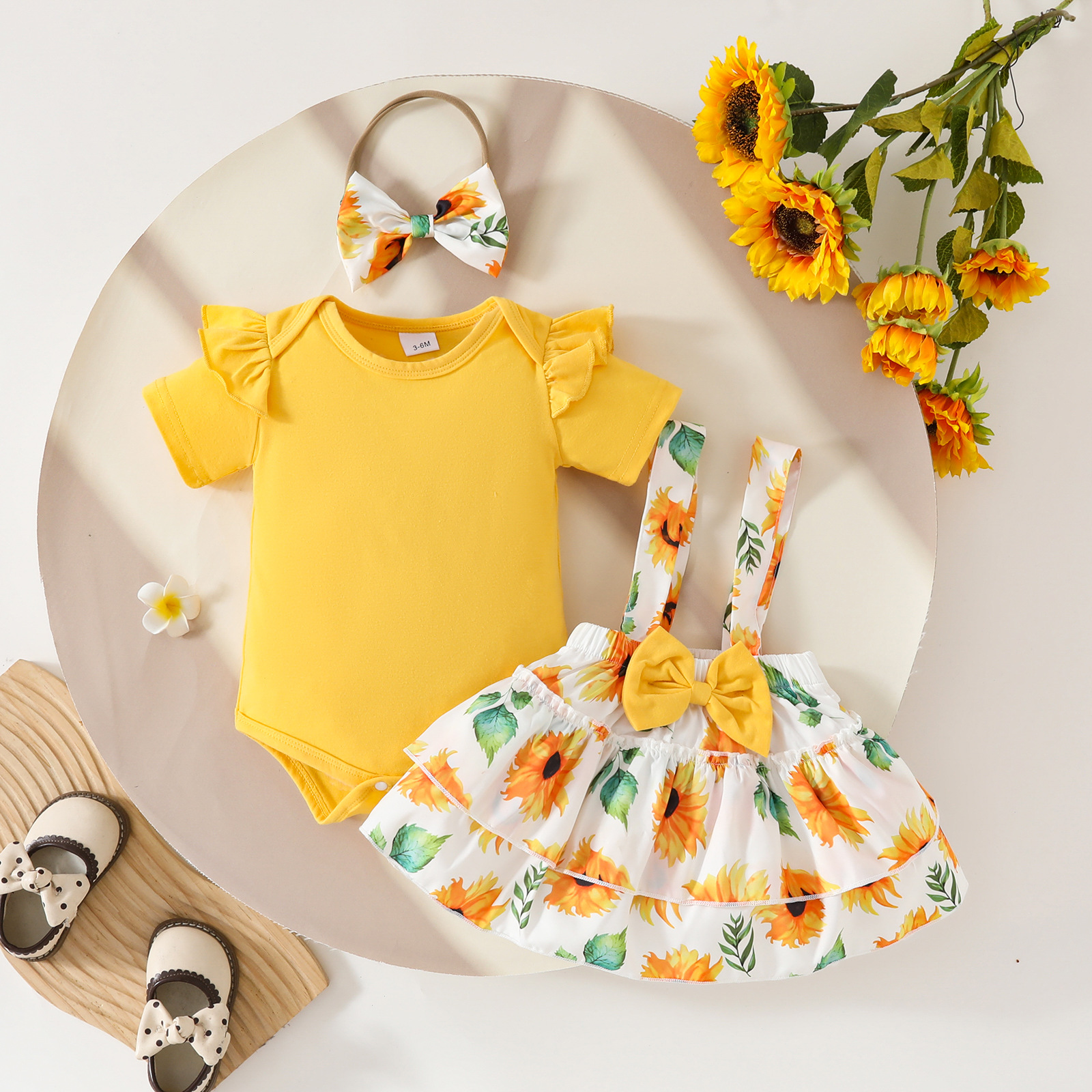 Comercio exterior para bebés y niños pequeños, mamela triangular de manga larga, mono, falda con tirantes con lazo, falda con traje de flores de plantas europeas y americanas