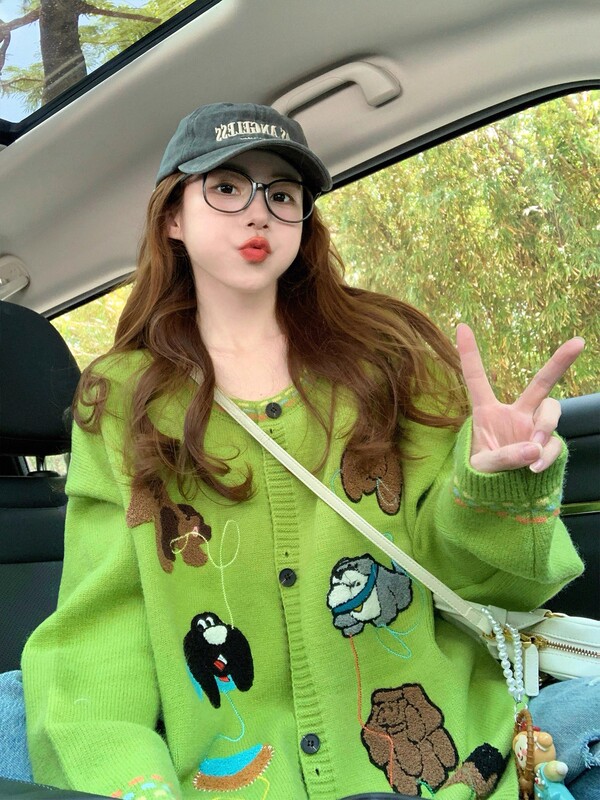趣味小狗刺绣毛衣外套女2025新款秋冬季复古减龄圆领宽松针织开衫|undefined