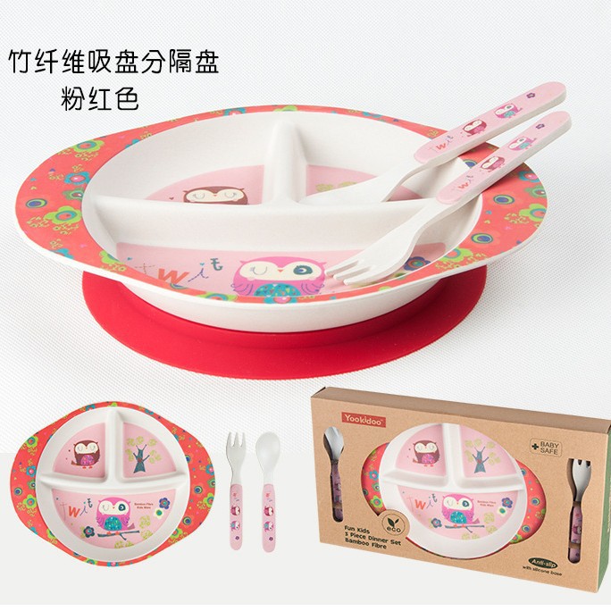 Vajilla infantil genuina Yookidoo, juego de cinco piezas de fibra de bambú para bebés, palillos, cuchara, tenedor, plato, taza, juego de alimentación combinado