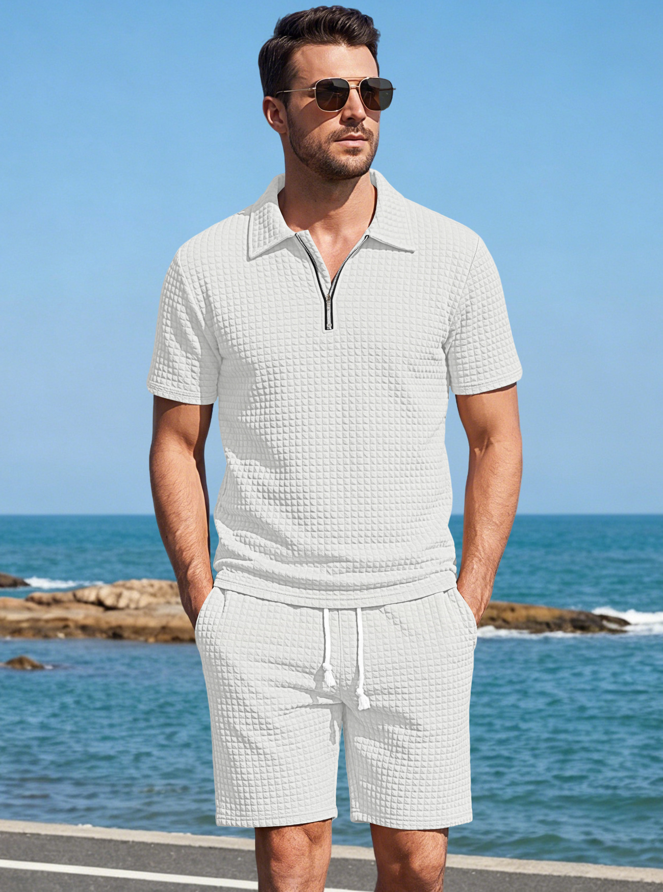 Transfronterizos Amazon verano nuevo hombre pequeño cuadrícula polo camisa de manga corta pantalones cortos trajes deportivos casuales