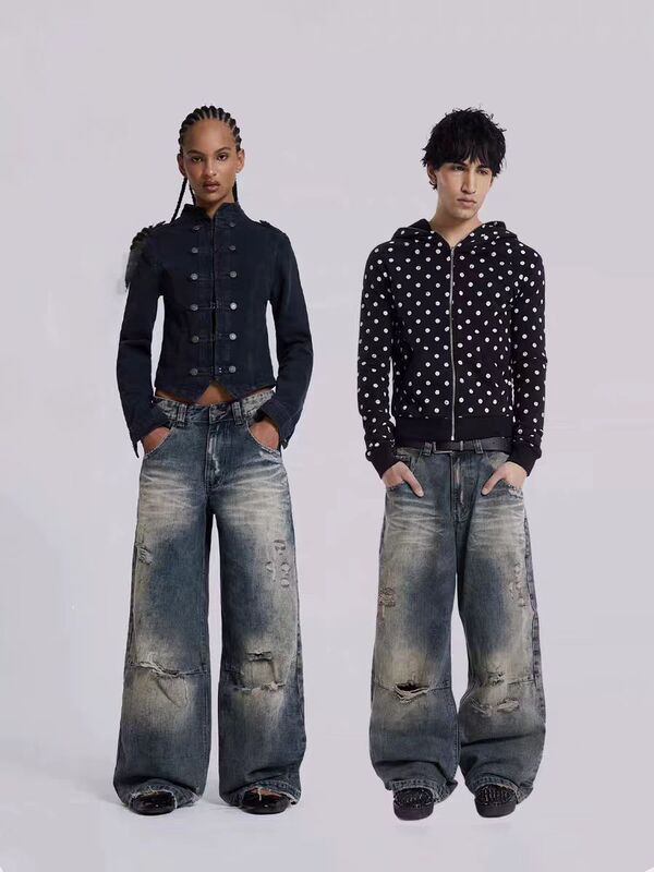 Jaded London Retro Washed Low-Waist Ripped Brushed Jeans Pants for Men and Women