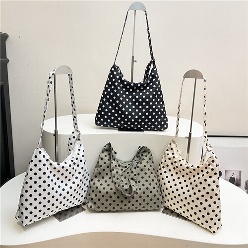 Fashionable black and white pole-dot bag, large capacity commuting tote shoulder bag, light nylon hand-held cross-body bag
