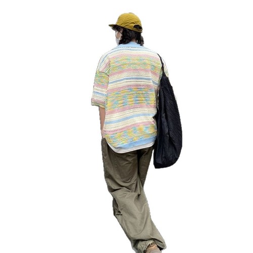 Women's Striped Gradient Lacing Polo Shirt with Vintage Short Sleeve Casual American Style Knit Collar Top