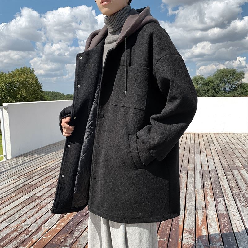 Abrigo de lana de los hombres Otoño e Invierno estilo coreano de moda gabardina de media longitud marca de moda ins chaqueta de lana con capucha suelta