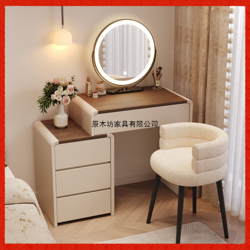 Simple 6cm Solid Wood Dressing Table for Small Bedroom, Vintage Cream Style Bedside Vanity with Integrated Drawer