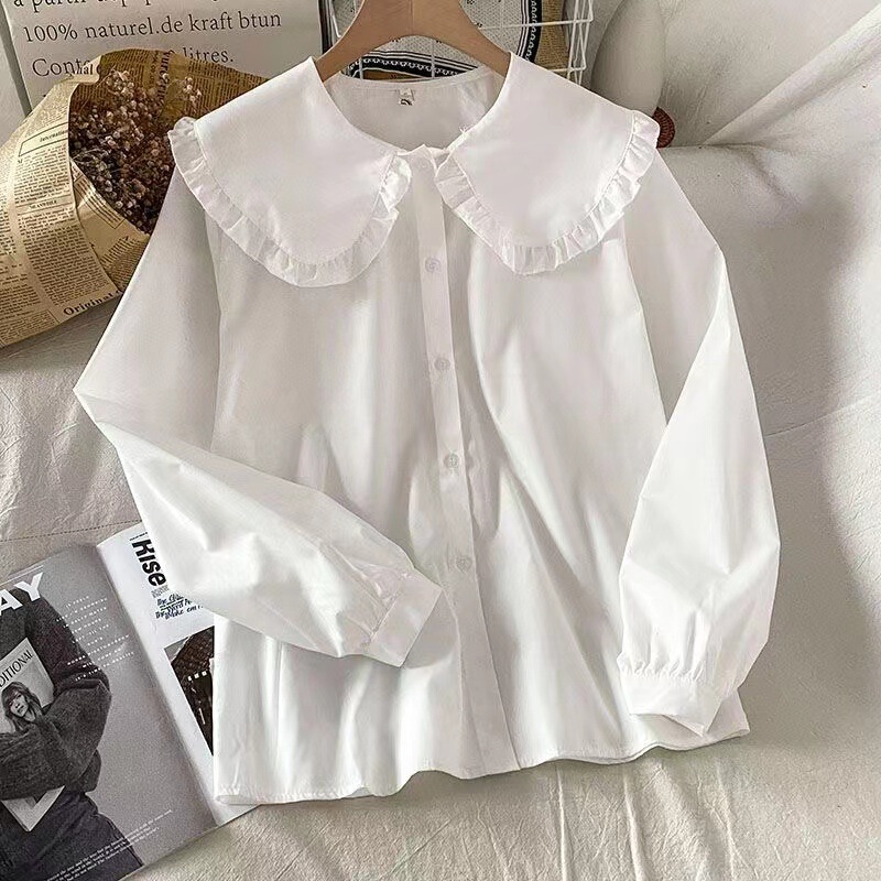 Cross-Border Amazon Japanese and Korean Doll Collar Long-Sleeve Shirt for Women with Ruffled Edges, Solid Color, Layered, Loose-Fitting Women's Shirt