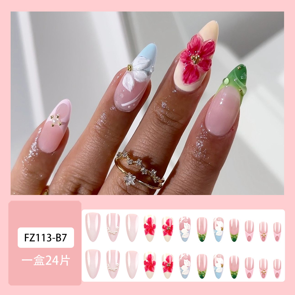 Transfronterizos estereotipos en relieve perforación de manicuras delicadas flores románticas para usar uñas de almendras 24 piezas de parche de uñas