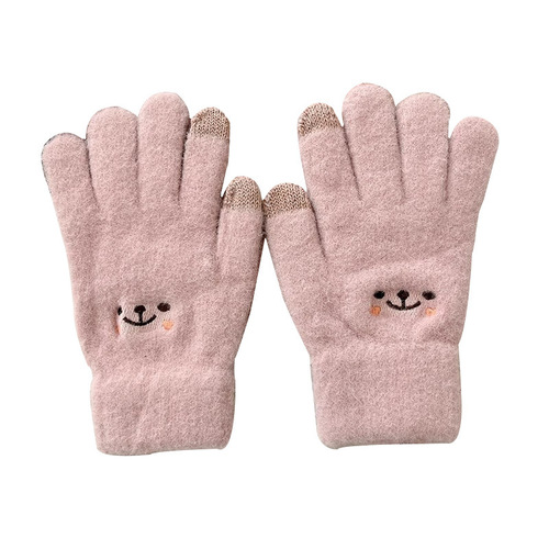 Wholesale winter cycling warm gloves for women, lined with fluffy wool, student-friendly split-finger knitting gloves with cute smiling faces and touch screen function