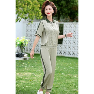 Mom's Summer Two-Piece Set New Middle-Aged and Elderly Women's Short-Sleeved T-Shirt 40-50 Years Old Sports Suit Summer Casual Loose