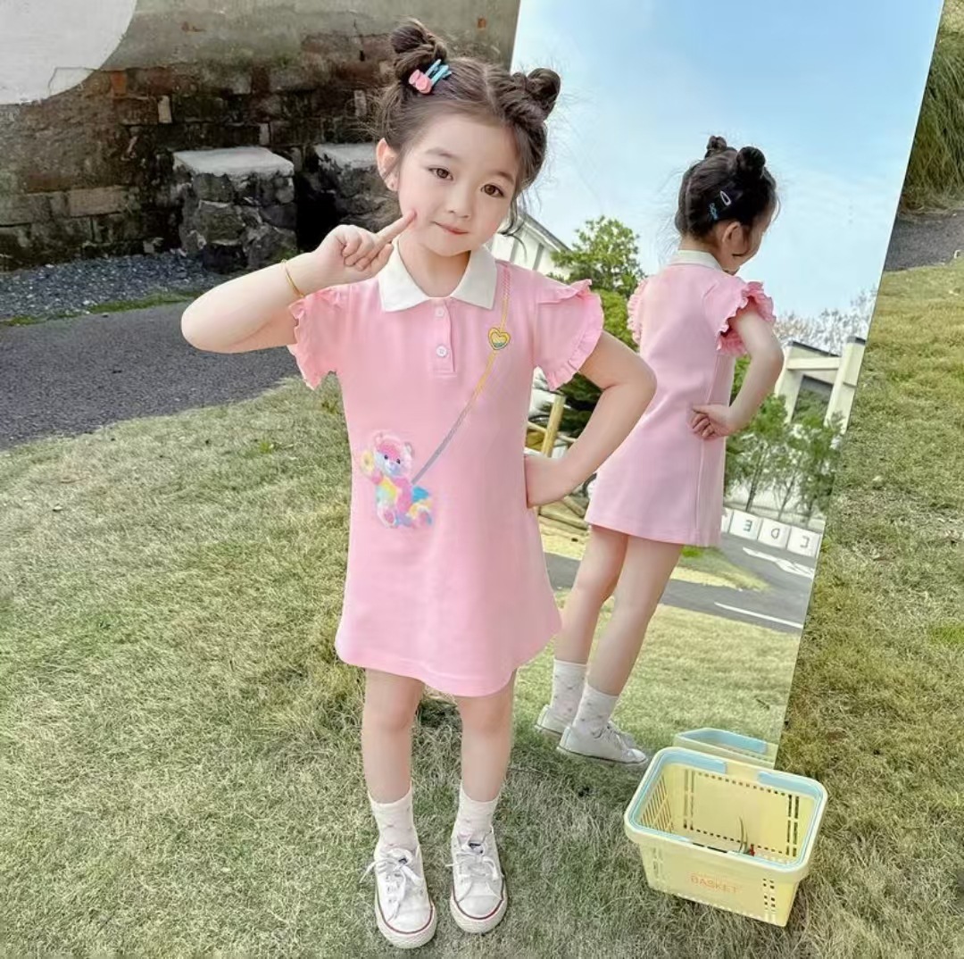 Girls' Export Dress 2025 Summer Princess Dress Kidsren's Cartoon Bear Preppy Style Polo Collar Dress A-Line Dress