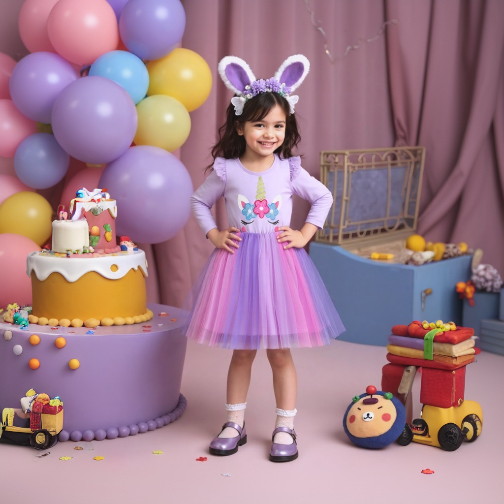 2024 nuevo vestido de unicornio para niñas vestido de Niños de mediana edad para niñas vestido de Navidad de otoño vestido de princesa de malla de dibujos animados para niños