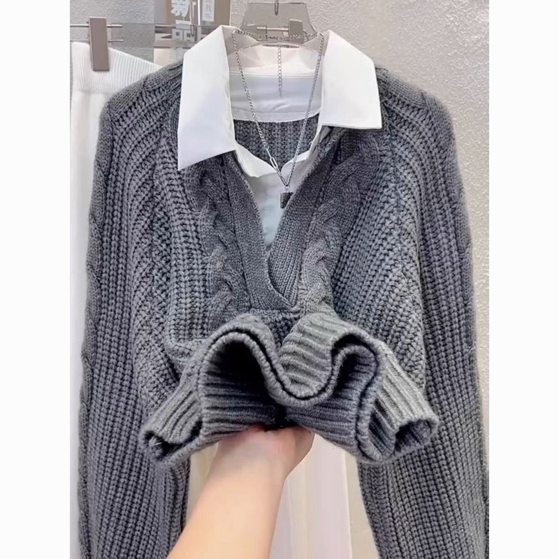 Sweater for Autumn and Winter, Women's Patchwork Shirt, Outerwear with a Unique Design, Niche Style, Loose Fit, Cable Knit Top, Two-Piece Knitwear