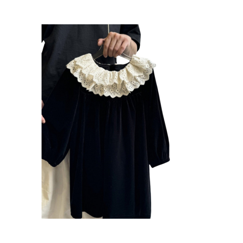 Qian Qi niñas de otoño nuevo borde de encaje reanudación de color sólido vestido de solapa vestido de moda coreano para mujeres