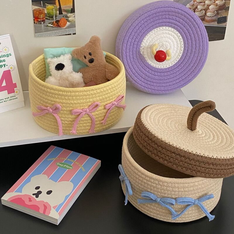 かわいいリボン付き*ins風綿糸編み収納バスケット 家庭用デスクトップ雑貨・お菓子収納バスケット 蓋付き収納バスケット|undefined