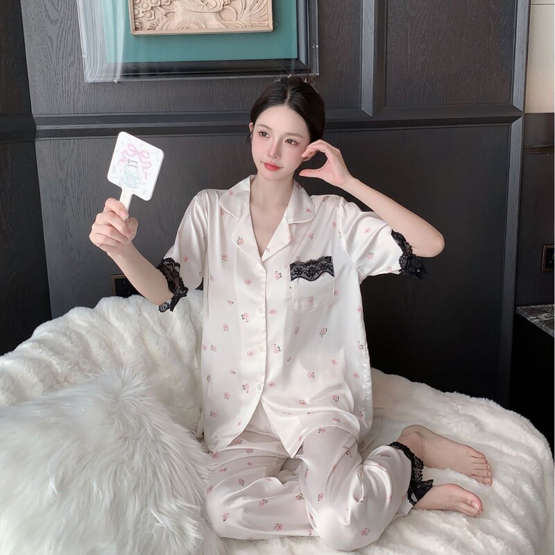 Spring New Style Light Luxury Jacquard Short-Sleeved Ice Silk Sweet Pajamas Silk Lapel Home Wear Pajamas Girls' Set