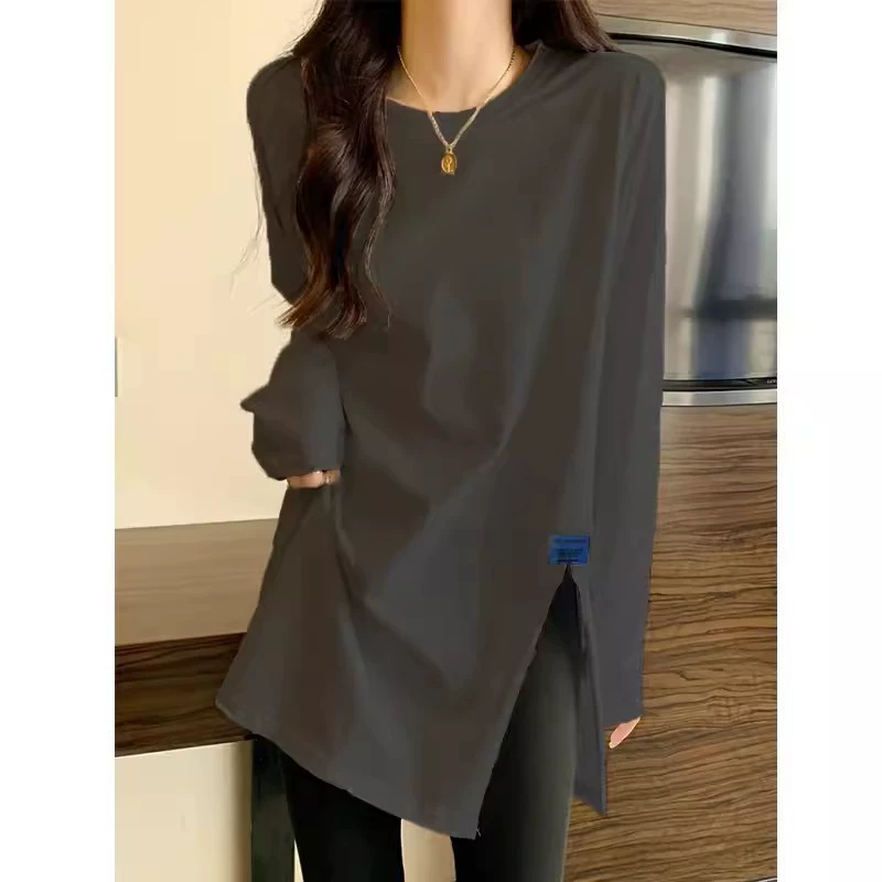 Женская Свободная рубашка средней длины, покрывающая мясо, простая хлопковая футболка с длинными рукавами в западном стиле, повседневный универсальный топ, ins
