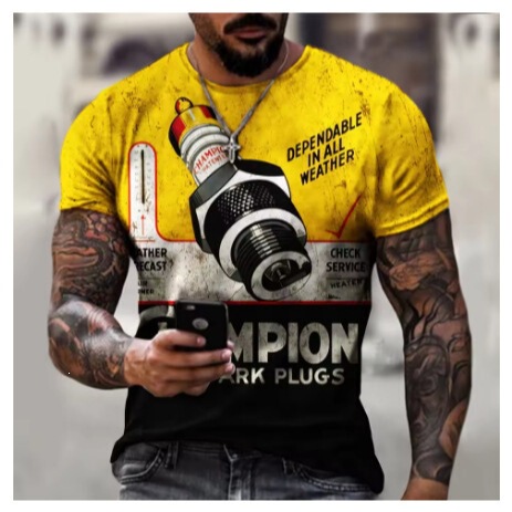 Men's T-shirt with 3D retro print, short-sleeved top, vintage oil-style T-shirt, motorcycle T-shirt, casual T-shirt