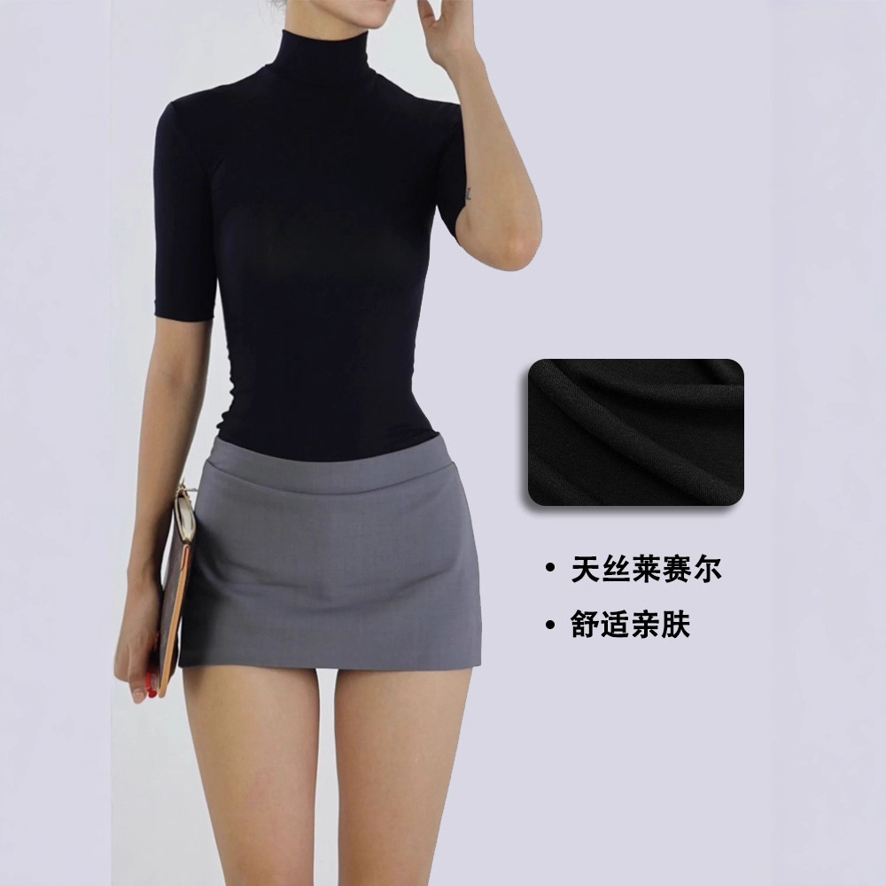 In-Stock Vintage Simple Tencel Lycra Skin-Friendly High-Neck Regular Shoulder Five-Quarter Sleeve T-Shirt Slim-Fit Summer Top for Women