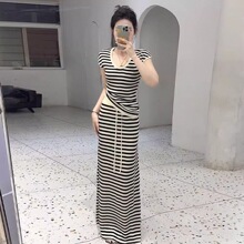 山力达迪法式休闲简约套装慵懒夏季T恤显瘦高腰条纹短袖直筒半身