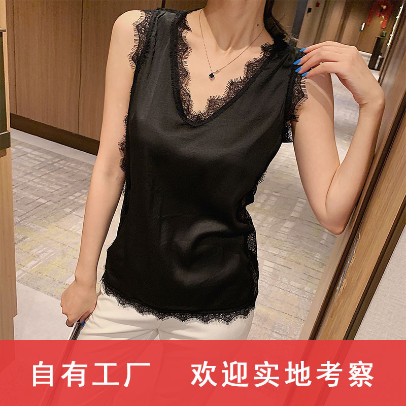 2025 Spring/Summer New Lace Patchwork Satin V-Neck Camisole Women's Sleeveless Sexy Base Shirt