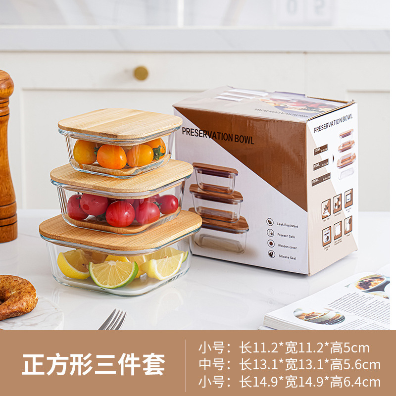 Cubierta de madera de bambú caja de almuerzo de vidrio de alto boro tres piezas caja de color sellado caja de picnic caja de almuerzo calentado horno de microondas caja de almuerzo