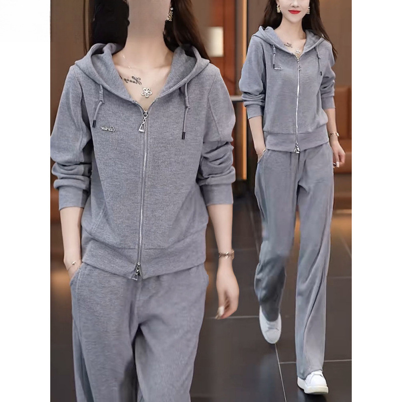 春秋款时尚休闲运动服套装女春秋季新款洋气连帽卫衣阔腿裤两件套|undefined