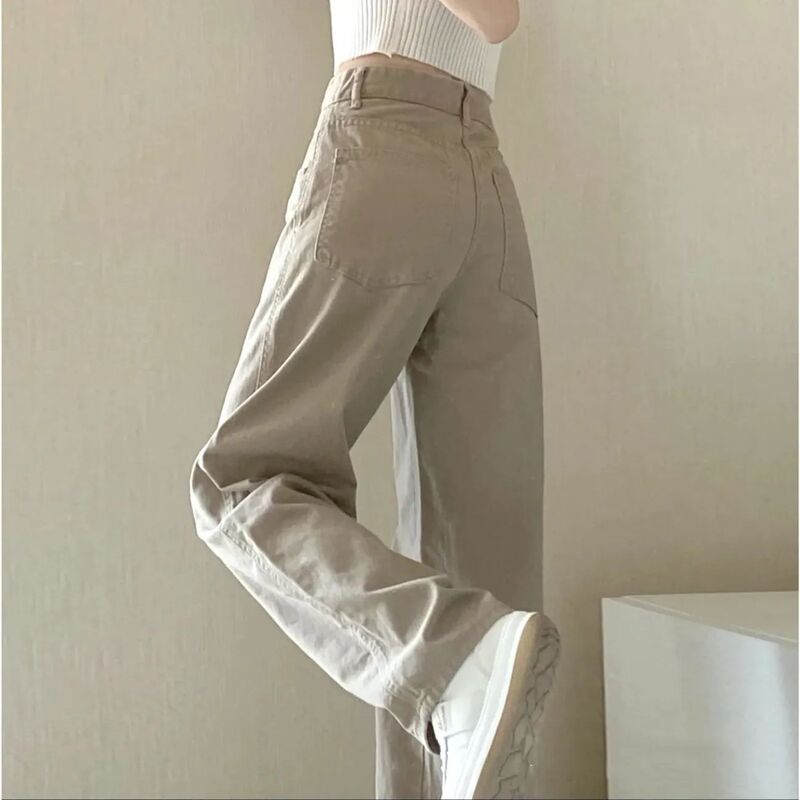 Women's Pants for Pear-Shaped Body, Khaki High-Waisted Straight-Leg Jeans, Spring and Autumn, Plus-Size, Loose Wide-Leg, Free Shipping