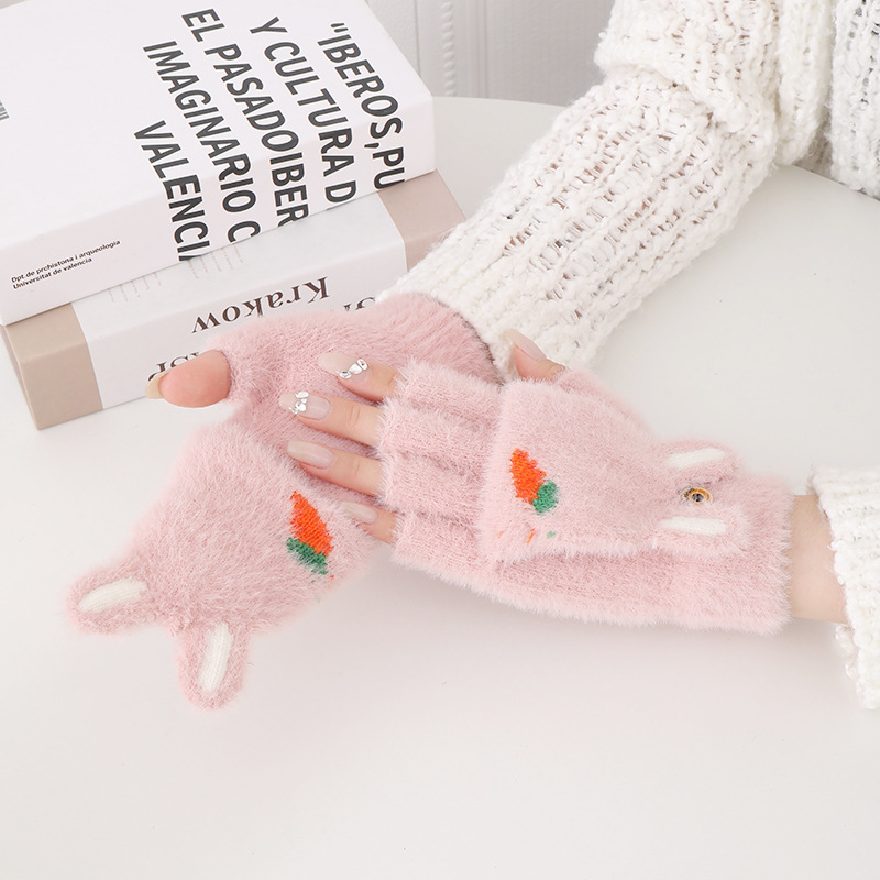 2024 nuevos estudiantes con dedos perdidos, cálidos y lindos bordados, guantes de medio dedo de invierno arcoíris, guantes de punto y flip de terciopelo