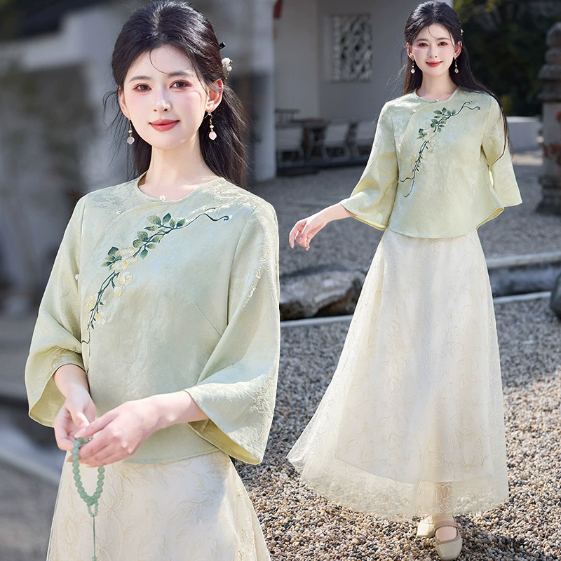 Реальная съемка нового китайского стиля Hanfu с воротником и жаккардовой вышивкой скатная пуговица