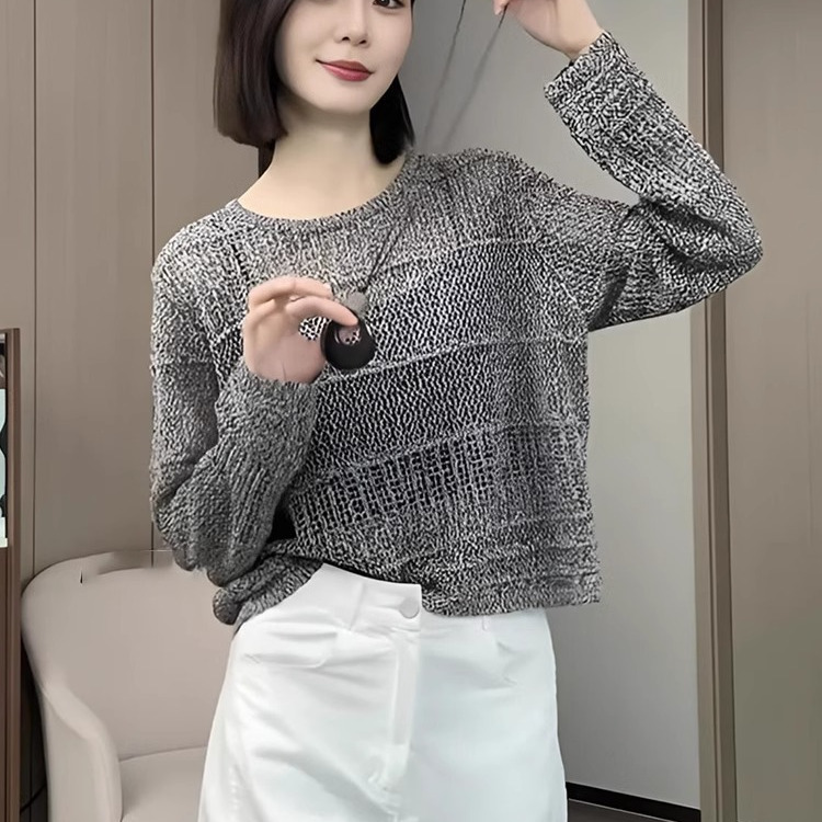 复古镂空设计感圆领长袖针织衫女2025新款早春宽松小个子洋气上衣|undefined