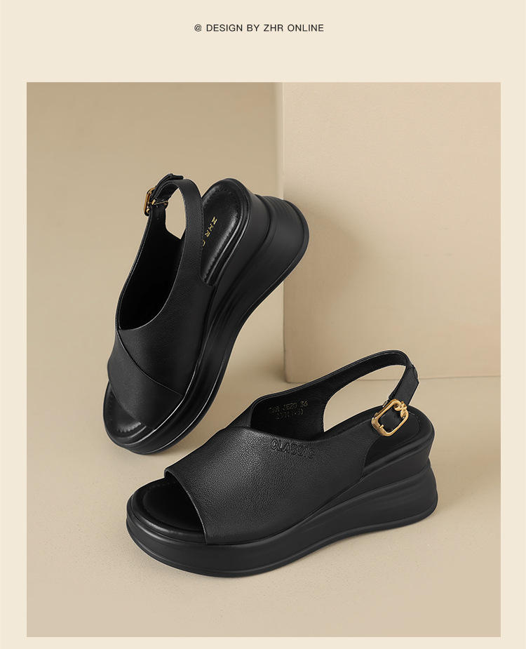 Sandal đế xuồng da bò thật ZHR tăng chiều cao, quai ngang, phong cách thanh lịch — JE20 màu be chi tiết 22