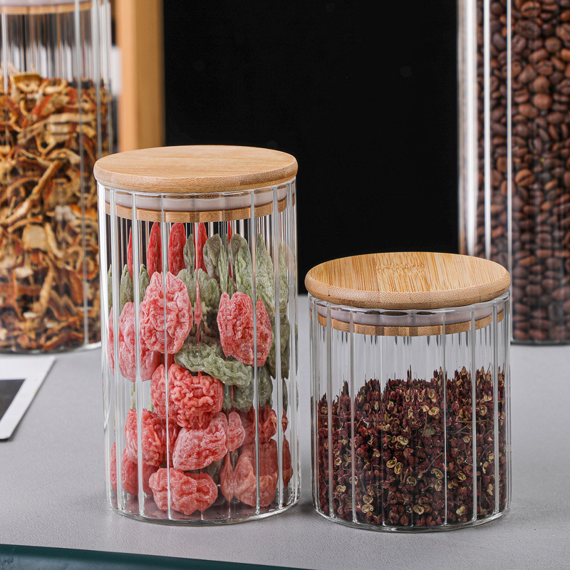 Taza de té con cubierta de bambú multiespecificación vidrio de alto silicio de silicio simple para almacenar granos de granos de cocina doméstica tanque de almacenamiento sellado