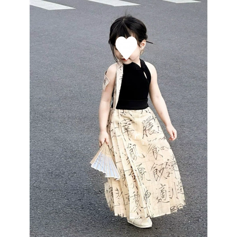 Юбка с лошадиной мордой для девочек, чонсам в китайском стиле ретро, ​​детский летний костюм-тройка без рукавов в стиле династии Хань с тысячи иероглифов