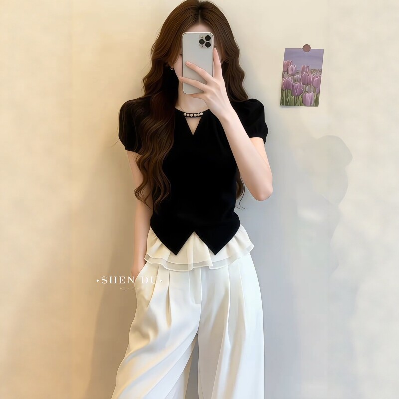 Áo sơ mi nữ cổ V tay ngắn phong cách Pháp, thiết kế che khuyết điểm tôn dáng — màu đen chi tiết 2
