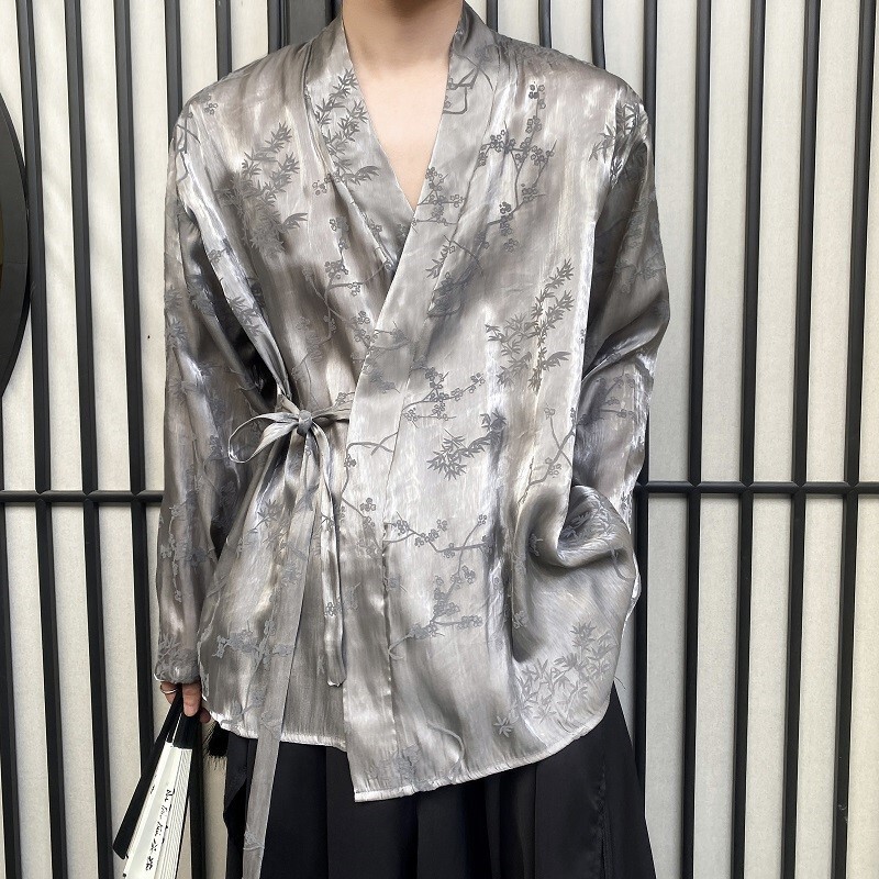 Zen Chinese Ancient Style Trendy Embroidered Jacquard Slant Placket Strap V-Neck Long-Sleeved Hanfu Shirt Men's Silk Glossy Shirt Zen Chinese Ancient Style Trendy Embroidered Jacquard Slant Placket Strap V-Neck Long-Sleeved Hanfu Shirt Men's Silk Glossy Shirt