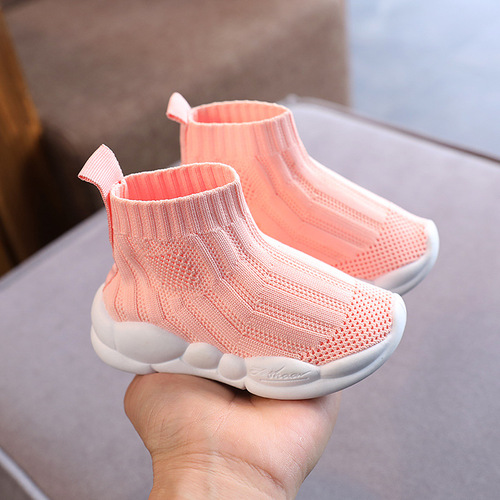  Spring New Boys Socks High-top Sports Shoes Breathable Girls Fly Knit Shoes Korean Style Kids Casual Net Shoes