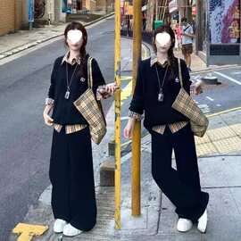 韩版慵懒大码胖MM韩系简约复古宽松拼接格纹衬衫240斤休闲两件套