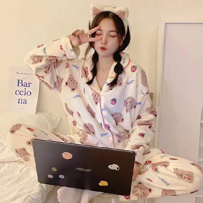 Franela dibujos animados fresa oso Pijamas Mujer coral vellón Linda niña de dos piezas de ropa para el hogar transmisión en vivo generación en línea