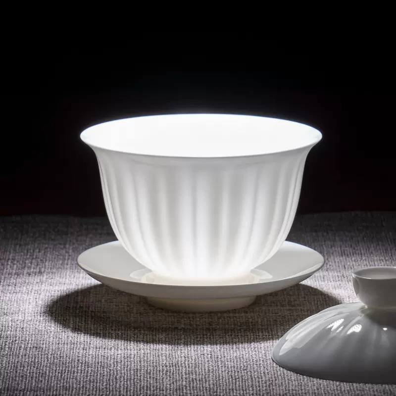 兴泥匠 薄胎骨瓷条纹盖碗 功夫茶具 白瓷120毫升泡茶杯 家用茶器