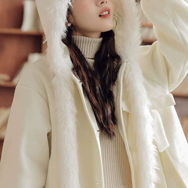 White woolen coat with hood, demi-season cute jacket