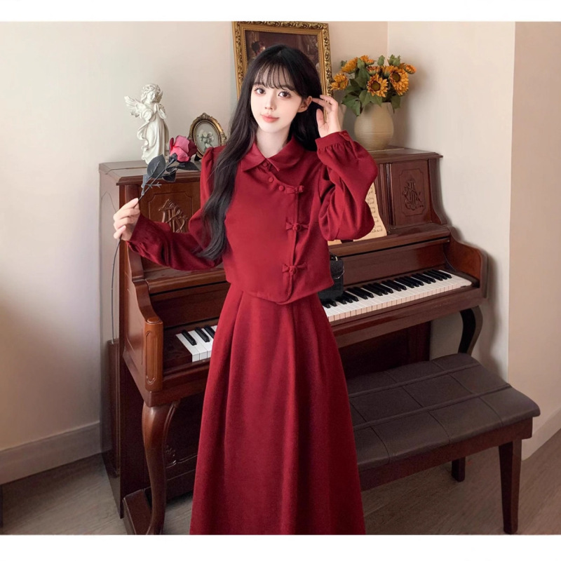 Plus-Size Autumn and Winter New Style Chinese-Style Retro Red Buttoned New Chinese-Style Top and Dress Two-Piece Set
