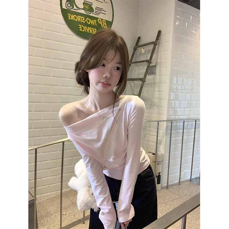 韩系甜辣粉色斜肩长袖t恤女夏季设计感纯欲修身收腰打底露肩上衣|undefined