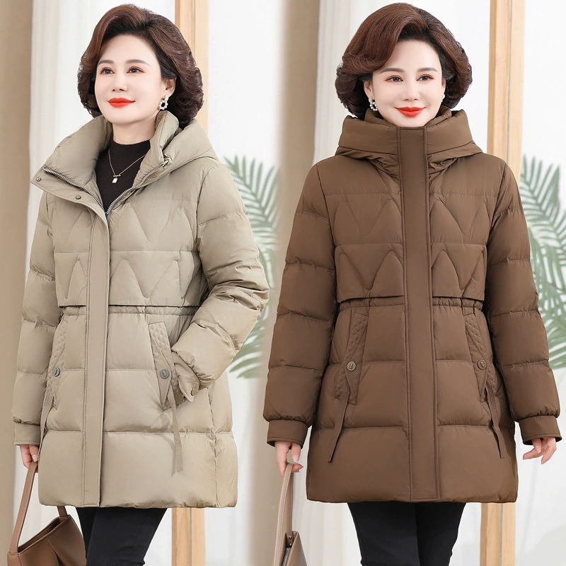 Мама средней и длинной пуховик женский 2024 зима новый средний и пожилой толстый хлебный пиджак съемная шляпа