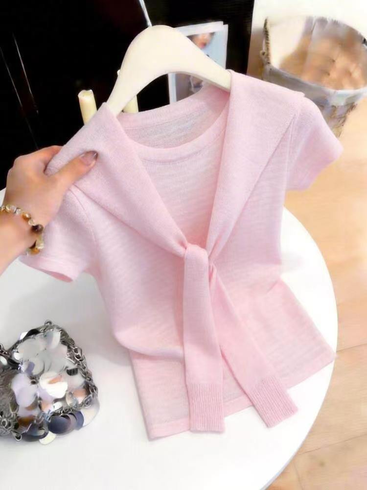 Áo thun nữ tay ngắn cổ tròn phong cách Hàn Quốc, kiểu dáng thời trang, thiết kế đơn giản — Màu hồng