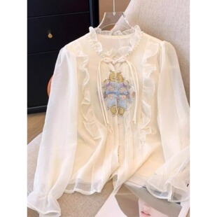 New Chinese style national style embroidered chiffon shirt women's summer ruffled shirt loose long-sleeved niche top A3384