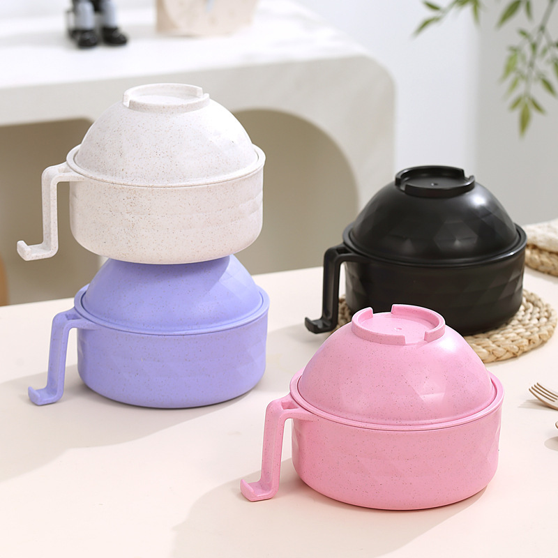 Cross-Border Wheat Straw Drainable Instant Noodle Bowl with Lid for Dormitory Use, Cute Large-Capacity Instant Noodle Bowl + Tableware for Students