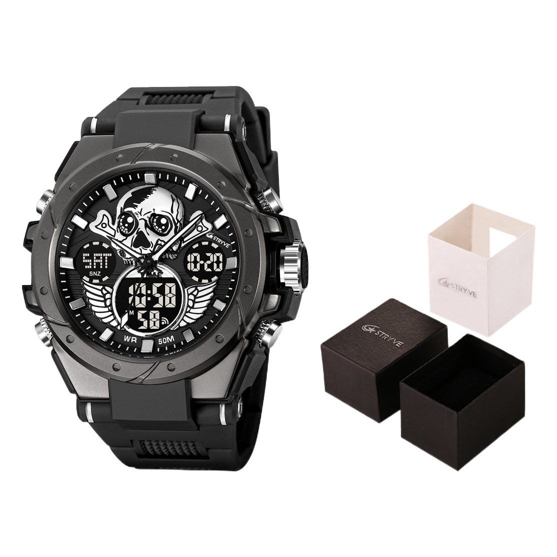 STRYVE e-commerce hombres deportes cráneo luminoso electrónico impermeable reloj multifuncional reloj entrega de una pieza 8008