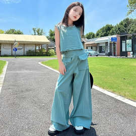 2025女中大童夏季套装新款时髦无袖背心儿童阔腿裤时尚毛边爆款